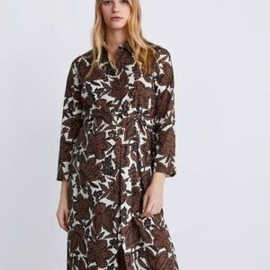 Zara Brown and White Floral Long Sleeve Dress